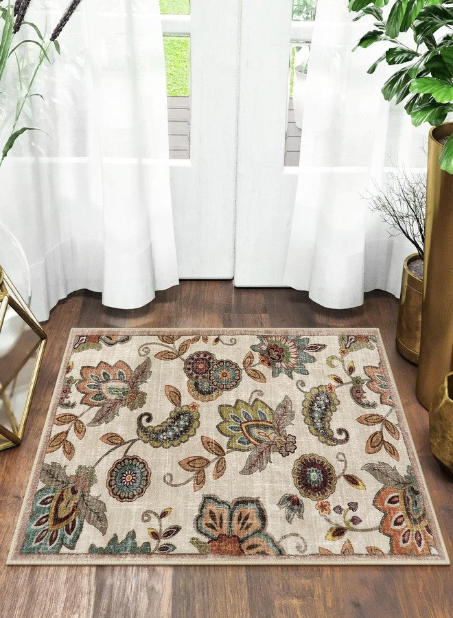 Morebes Vintage Floral Small Kitchen Rug,2x3 Rug Non Slip, Washable Paisley Design Door Rugs for Entryway Indoor,Non Shedding Kitchen Sink Throw Carpet for Bathroom Laundry, Beige Ivory - Image 1